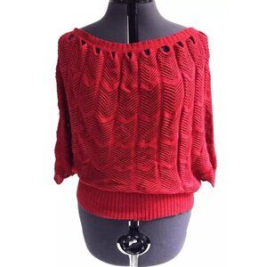 FOR CYNTHIA Red Cotton Knit Sweater, Size S, Batwing, Bateau Neck, Boat Neck